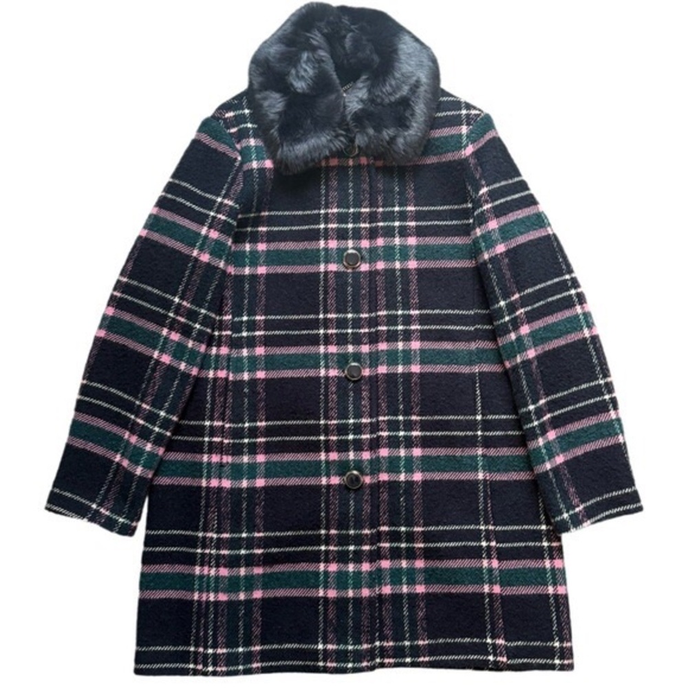 Kate Spade faux fur collar plaid coat button down